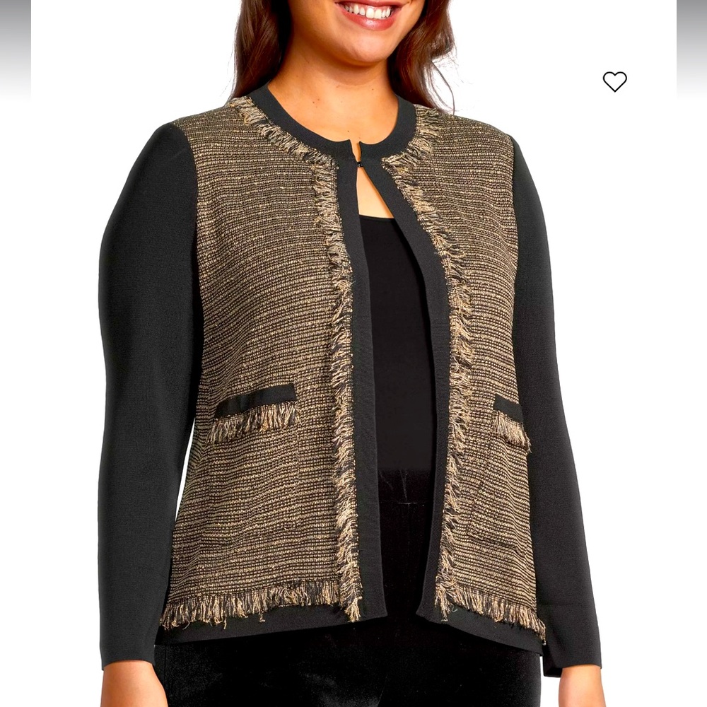 Ming Wang XL Eyelash-Trim Tweed Knit Sweater Jacket